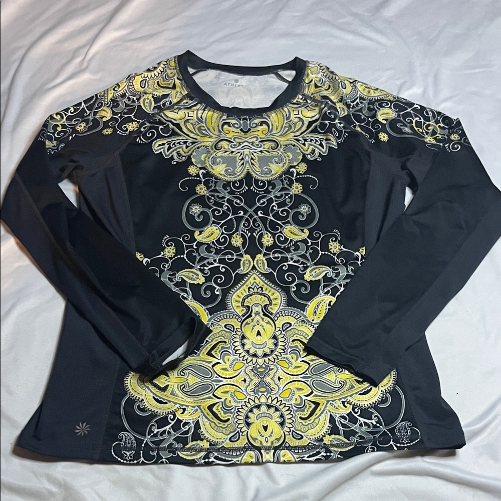 Athleta Black Long-Sleeve Top with Yellow and White Paisley Print